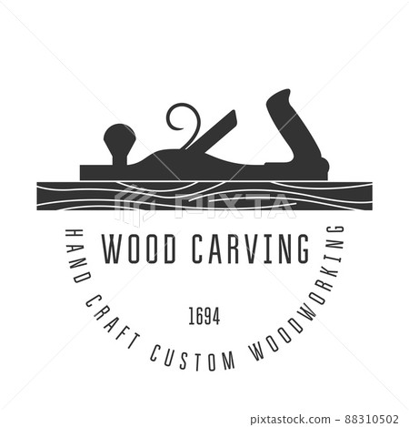 Carpentry vintage jointer, silhouette of carpenter jack plane tool, woodwork, plane shave, wood processing, vector Carpentry vintage jointer, silhouette of carpenter jack plane tool, woodwork, plane shave, wood processing, vector 88310502