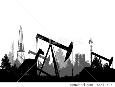 Oil industry banner, silhouette of pumpjack and refinery plant, overground drive for a reciprocating piston pump in an oil well, vector 88310607