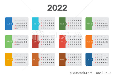 Calendar 2022. Week starts on Sunday. Basic grid - colorful template Calendar 2022. Week starts on Sunday. Basic grid - colorful template 88310608