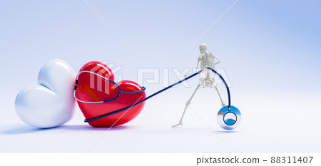 skelleton holding stethoscope and pulling heart, funny skelleton and health care with safe heart concept skelleton holding stethoscope and pulling heart, funny skelleton and health care with safe heart concept 88311407