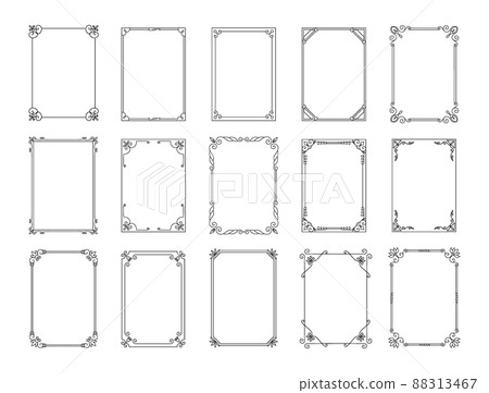 Decorative frames. Abstract vintage calligraphic framing for invitations and postcards. Geometric shapes. Classic filigree rectangles. Retro botanical elements. Vector line borders set 88313467