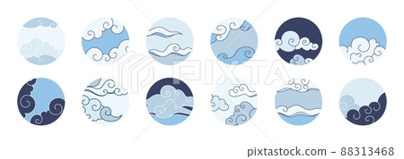 Social media covers with clouds. Traditional oriental cumulus in circle shapes. Japanese blue sky. Heaven precipitation. Asian stratocumulus. Vector account highlight round elements set 88313468