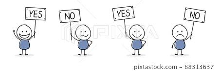 Funny stickmen holding plate with text - yes and no. Vector 88313637