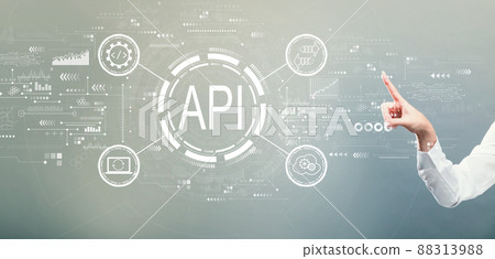 API - application programming interface concept with hand pressing a button API - application programming interface concept with hand pressing a button 88313988