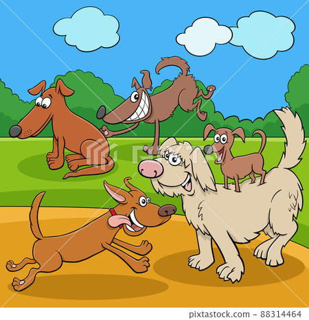 cartoon playful dogs and puppies characters in a park cartoon playful dogs and puppies characters in a park 88314464