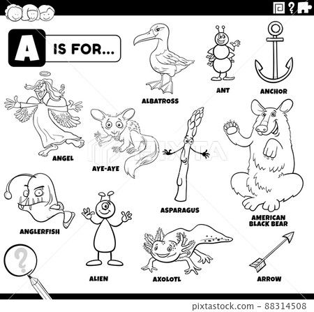 letter a words educational set coloring book page 88314508