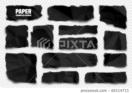 Black ripped paper strips. Realistic crumpled paper scraps with torn edges. Shreds of notebook pages 88314715