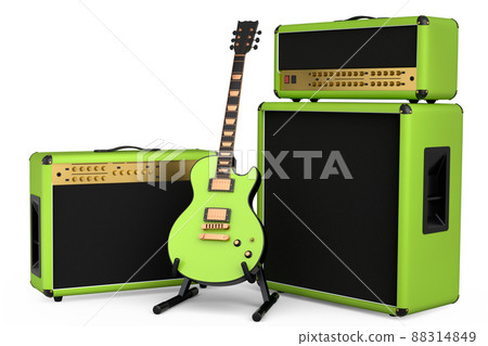 Classical amplifier with electric or acoustic guitar on stand isolated on white background. 3d render of amplifier for recording bass guitar in studio or rehearsal room, concept for rock festival Classical amplifier with electric or acoustic guitar on stand isolated on white background. 3d render of amplifier for recording bass guitar in studio or rehearsal room, concept for rock festival 88314849