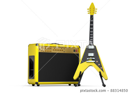 Classical amplifier with electric or acoustic guitar on stand isolated on white background. 3d render of amplifier for recording bass guitar in studio or rehearsal room, concept for rock festival Classical amplifier with electric or acoustic guitar on stand isolated on white background. 3d render of amplifier for recording bass guitar in studio or rehearsal room, concept for rock festival 88314850