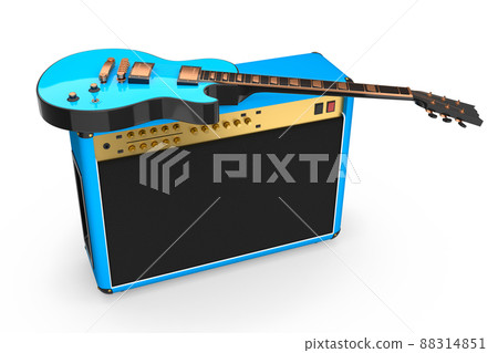 Classical amplifier with electric or acoustic guitar isolated on white background. 3d render of amplifier for recording bass guitar in studio or rehearsal room, concept for rock festival poste Classical amplifier with electric or acoustic guitar isolated on white background. 3d render of amplifier for recording bass guitar in studio or rehearsal room, concept for rock festival poste 88314851