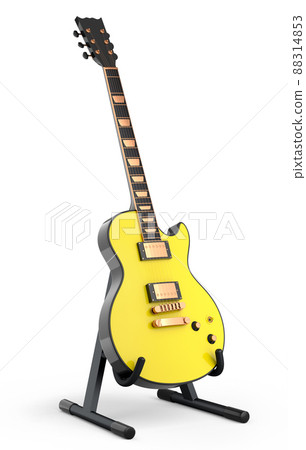 Electric acoustic guitar on stand isolated on white background. 3d render of concept for rock festival poster with heavy metal guitar for music shop Electric acoustic guitar on stand isolated on white background. 3d render of concept for rock festival poster with heavy metal guitar for music shop 88314853