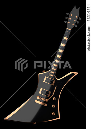 Close-up of Electric acoustic guitar isolated on black background. 3d render of concept for rock festival poster with heavy metal guitar for music shop 88314854