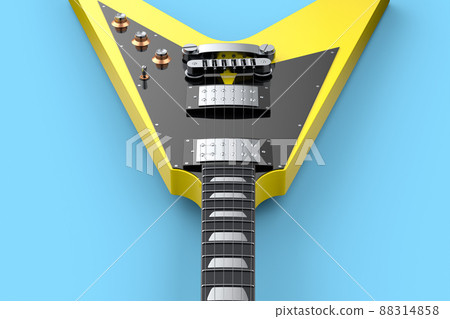 Close-up Electric acoustic guitar isolated on blue background. 3d render of concept for rock festival poster with heavy metal guitar for music shop Close-up Electric acoustic guitar isolated on blue background. 3d render of concept for rock festival poster with heavy metal guitar for music shop 88314858