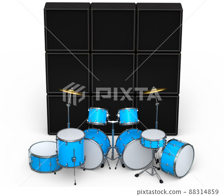 Set of realistic drums with metal cymbals or drumset and amplifier on white background. 3d render concept of musical percussion instrument, drum machine and drumset Set of realistic drums with metal cymbals or drumset and amplifier on white background. 3d render concept of musical percussion instrument, drum machine and drumset 88314859