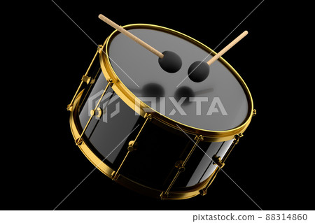 Realistic drum and wooden drum sticks on black background. 3d render concept of musical instrument, drum machine. Realistic drum and wooden drum sticks on black background. 3d render concept of musical instrument, drum machine. 88314860
