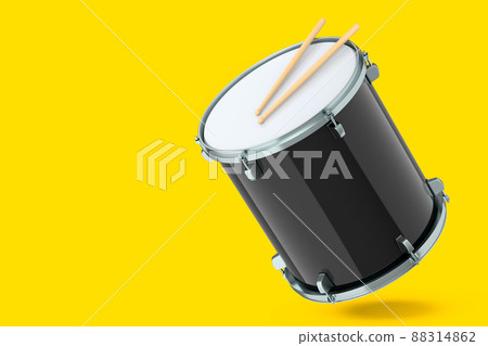 Realistic drum and wooden drum sticks on yellow background. 3d render concept of musical instrument, drum machine. Realistic drum and wooden drum sticks on yellow background. 3d render concept of musical instrument, drum machine. 88314862