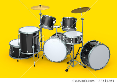 Set of realistic drums with metal cymbals on yellow background. 3d render concept of musical percussion instrument, drum machine and drumset 88314864