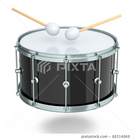 Realistic drum and wooden drum sticks on white background. 3d render concept of musical instrument, drum machine. Realistic drum and wooden drum sticks on white background. 3d render concept of musical instrument, drum machine. 88314868