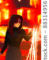 Anime girl making by hand a magical light beams full of fire power and energy. Burning big house at the background. 88314956