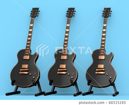 Set of electric acoustic guitar isolated on blue background. 3d render of concept for rock festival poster with heavy metal guitar for music shop Set of electric acoustic guitar isolated on blue background. 3d render of concept for rock festival poster with heavy metal guitar for music shop 88315285