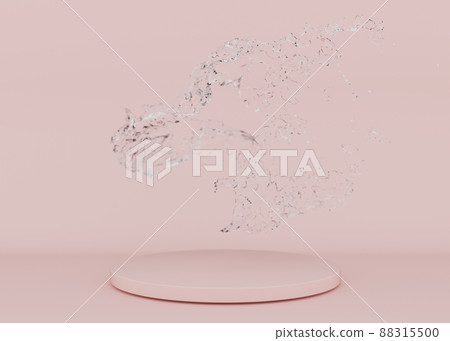 Round podium with water splash on pink background. Mock up for product, cosmetic presentation. Pedestal or platform for beauty products. Empty scene. Freshness, purity. 3D rendering. 88315500