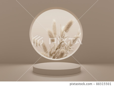 Light brown podium with dried grass on the brown background. 3D rendering. Elegant podium for product, cosmetic presentation. Mock up. Pedestal or platform for beauty products. Light brown podium with dried grass on the brown background. 3D rendering. Elegant podium for product, cosmetic presentation. Mock up. Pedestal or platform for beauty products. 88315501