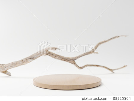 Wooden podium with tree branch on white background. Podium for product, cosmetic presentation. Natural mock up. Pedestal or platform for beauty products. Empty scene. 3D rendering. 88315504
