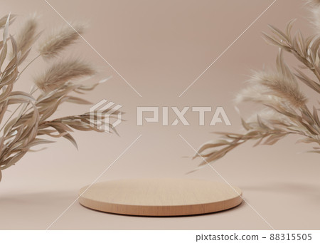Wooden podium with dried grass on the brown background. 3D rendering. Elegant podium for product, cosmetic presentation. Natural mock up. Pedestal or platform for beauty products. 88315505