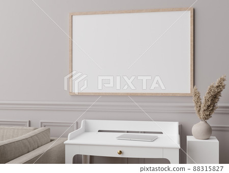 Empty picture frame on grey wall in modern living room. Mock up interior in contemporary style. Close up view. Free space for your picture, poster. Console, vase, pampas grass. 3D rendering. Empty picture frame on grey wall in modern living room. Mock up interior in contemporary style. Close up view. Free space for your picture, poster. Console, vase, pampas grass. 3D rendering. 88315827