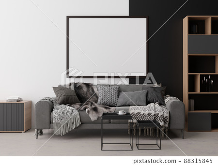 Empty picture frame on white and black wall in modern living room. Mock up interior in contemporary style. Free space, copy space for your picture, poster. Sofa, table. 3D rendering. 88315845