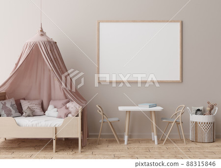 Empty horizontal picture frame on cream wall in modern child room. Mock up interior in scandinavian style. Free, copy space for your picture, poster. Bed, toys. Cozy room for kids. 3D rendering. Empty horizontal picture frame on cream wall in modern child room. Mock up interior in scandinavian style. Free, copy space for your picture, poster. Bed, toys. Cozy room for kids. 3D rendering. 88315846