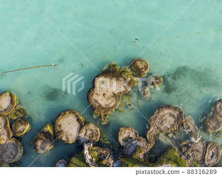 Aerial Drone Shot of Ancient Stromatolites in seven colores lagoon near Bacalar, Quintana Roo, Mexico Aerial Drone Shot of Ancient Stromatolites in seven colores lagoon near Bacalar, Quintana Roo, Mexico 88316289