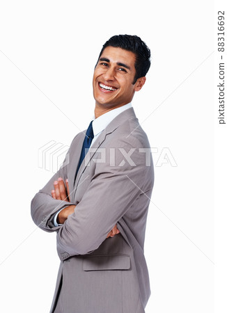 Smiling handsome business man. Portrait of happy young business man smiling with hands folded on white background. Smiling handsome business man. Portrait of happy young business man smiling with hands folded on white background. 88316692