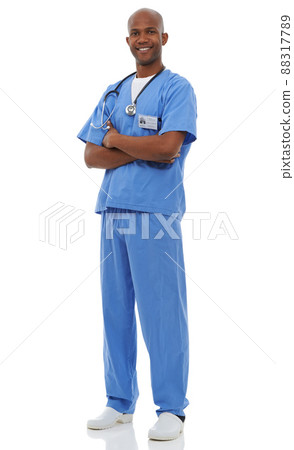 Hes a great doctor. Studio shot of a young african doctor with his arms crossed. Hes a great doctor. Studio shot of a young african doctor with his arms crossed. 88317789