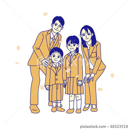 Commemorative photo taken with family at entrance and graduation ceremonies against a white background_boy_girl_sister_brother_orange tone 88323519