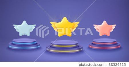 Very peri interior with podiums and rating stars. Vector 3d illustration 88324513