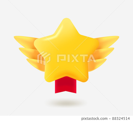 Game gold rating star label with red ribbon and wings. 3d vector badge 88324514
