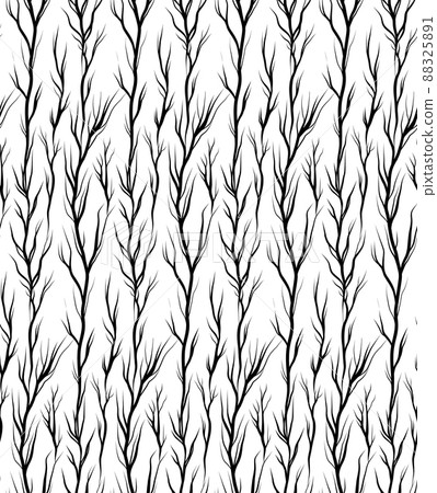 Seamless natural vector pattern with black silhouette of twigs and sprigs on a white background. Fabric swatch with leafless branches. Seamless natural vector pattern with black silhouette of twigs and sprigs on a white background. Fabric swatch with leafless branches. 88325891