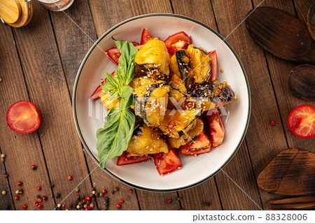 Sweet chili crispy battered eggplants salad Sweet chili crispy battered eggplants salad 88328006