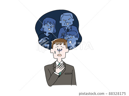 一個擔心工作場所人際關係的商人，一個滑稽的手寫人，矢量圖，線條畫中的顏色 88328175