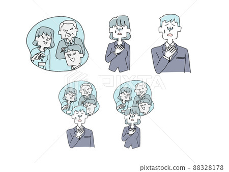 A set of businessmen who feel uneasy about the relationships in the workplace Comical handwritten person Vector, color on line drawing 88328178