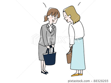 Business woman bowing to each other Comical handwritten person Vector, line drawing and color 88328203