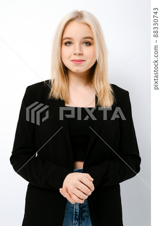 Portrait of teenager girl in black jacket 88330743