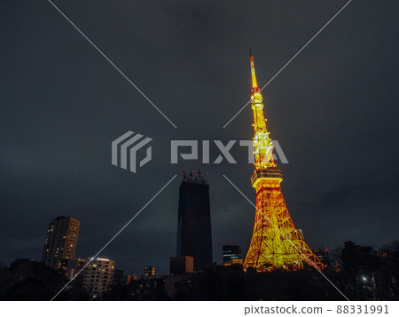 Illuminated Tokyo Tower seen from Shiba Park 88331991