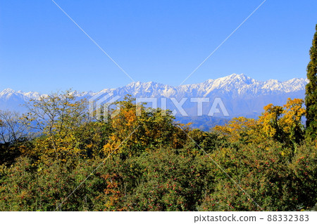 蘋果田和北阿爾卑斯山 秋天的蘋果田 美麗的北阿爾卑斯山 蘋果田和北阿爾卑斯山 秋天的蘋果田 美麗的北阿爾卑斯山 88332383