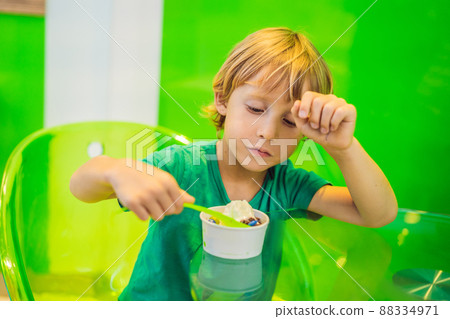 Happy young boy eating a tasty ice cream or frozen yogurt Happy young boy eating a tasty ice cream or frozen yogurt 88334971