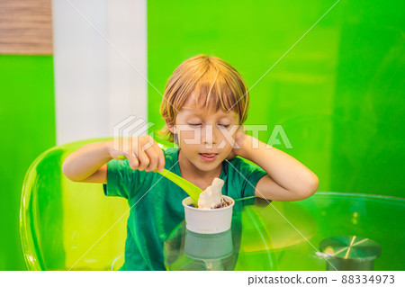 Happy young boy eating a tasty ice cream or frozen yogurt Happy young boy eating a tasty ice cream or frozen yogurt 88334973