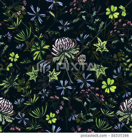 Wildflowers seamless pattern on a black...-插圖素材 [88335166] - PIXTA圖庫
