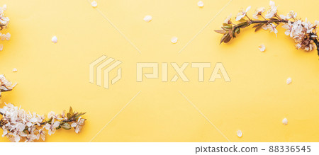 Spring background table. May flowers and April floral nature on pink. For banner, branches of blossoming cherry against background. Dreamy romantic image, landscape panorama, copy space. Spring background table. May flowers and April floral nature on pink. For banner, branches of blossoming cherry against background. Dreamy romantic image, landscape panorama, copy space. 88336545