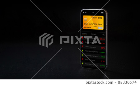 Online payment. Mobile phone with internet online bank app. Credit card on black background. Online wallet save money. Online payment. Mobile phone with internet online bank app. Credit card on black background. Online wallet save money. 88336574